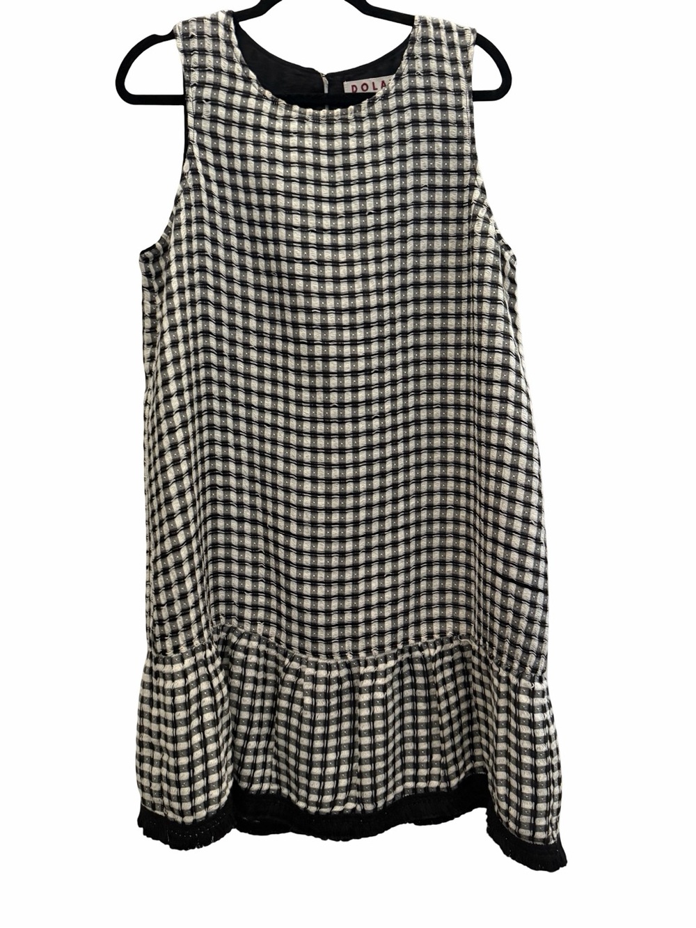 Anthropologie Dolan Left Coast Gingham Shift Dress L Tassel Fringe preppy mod